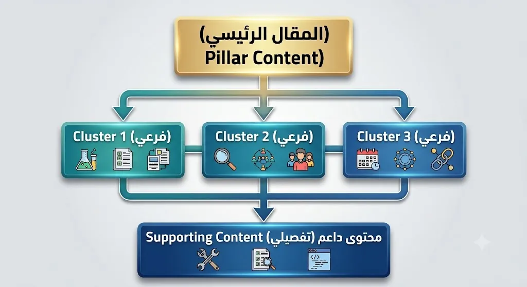 تنظيم المحتوى داخل الموقع إلى ثلاثة مستويات رئيسية- محتوى رئيسي و محتوى فرعي كلستر- ومحتوى داعم للكلستر